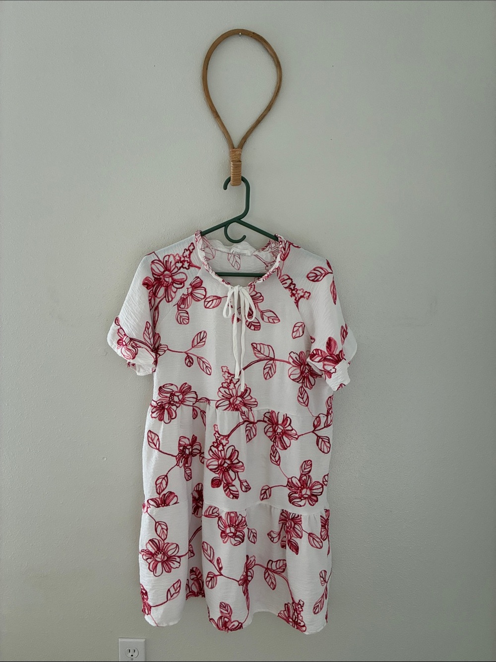 Anthropologie Kindred Red and White Flora Embroidered Mini Dress